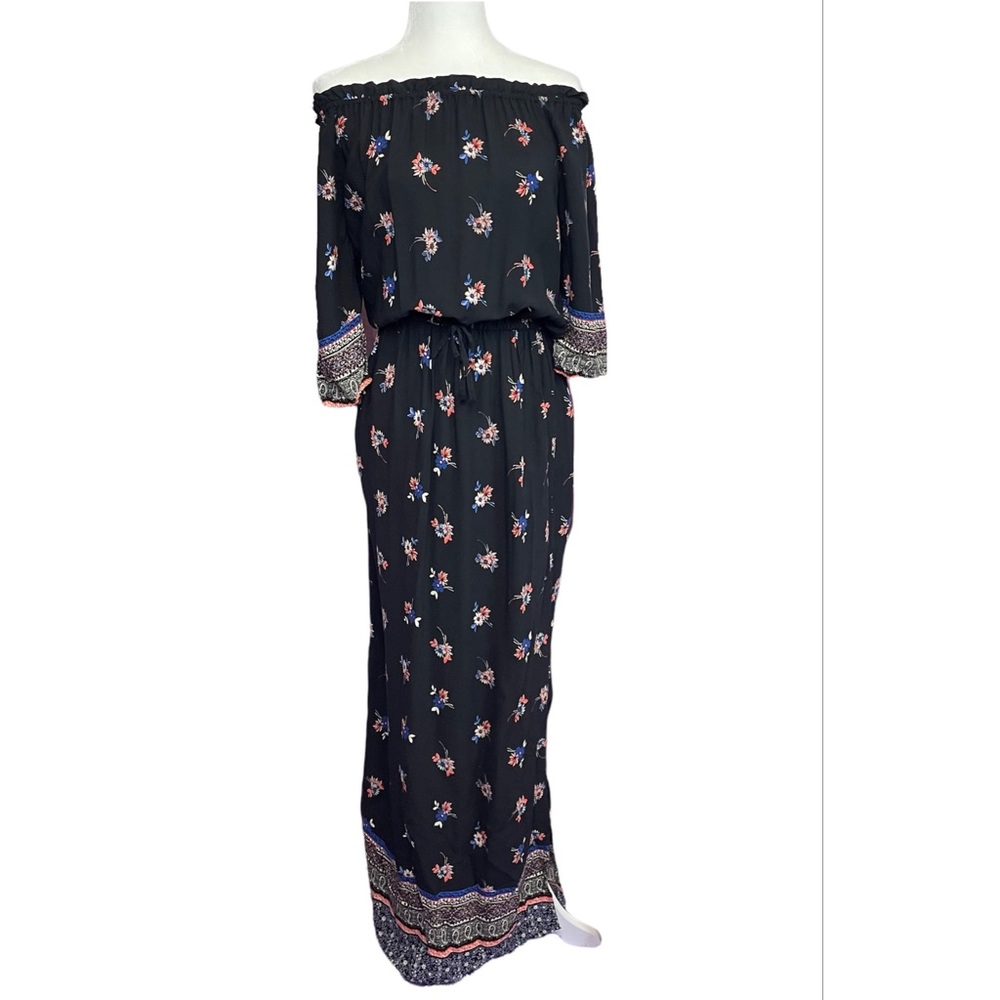BeachLunchLounge Black Boho Floral Off Shoulder Maxi Dress XS